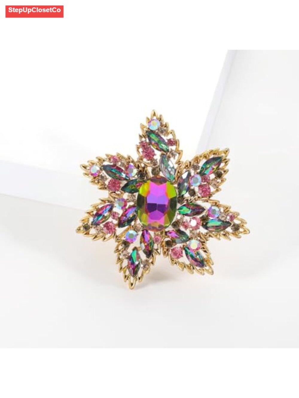Vintage Austrian Crystal Rhinestone Flower Brooch Pin for Women - Gold Tone - Picture 3 of 4